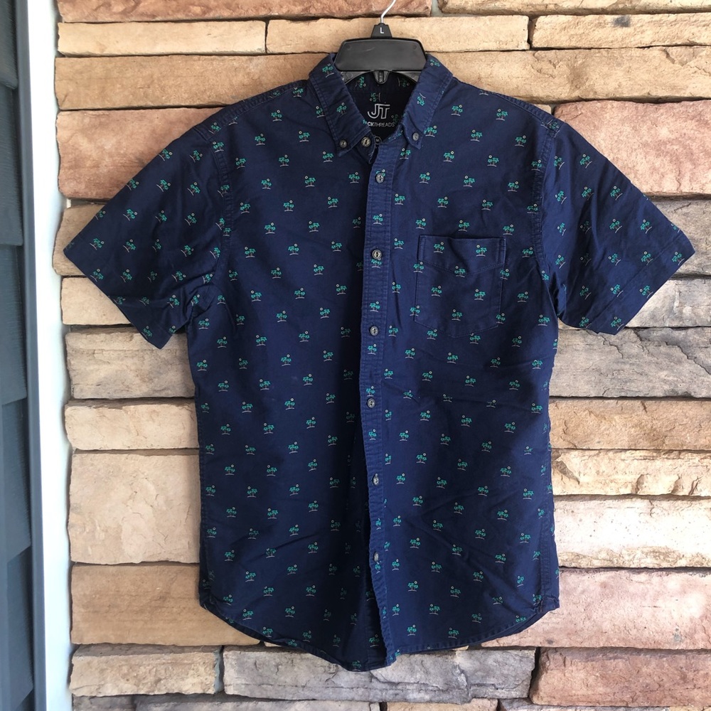Jack Threads navy blue palm tree print button up short sleeve shirt Medium